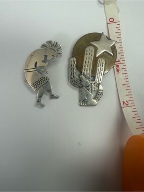 Native Silver Kokopelli & Cactus Star Pin Duo